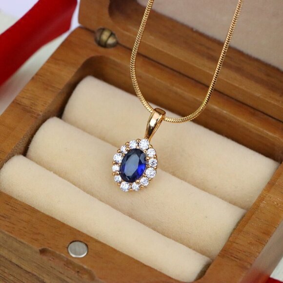 "Royal Blue Oval Pendant with Halo in Gold-Plated Brass Setting, XPPT1815 - Picture 6 of 13